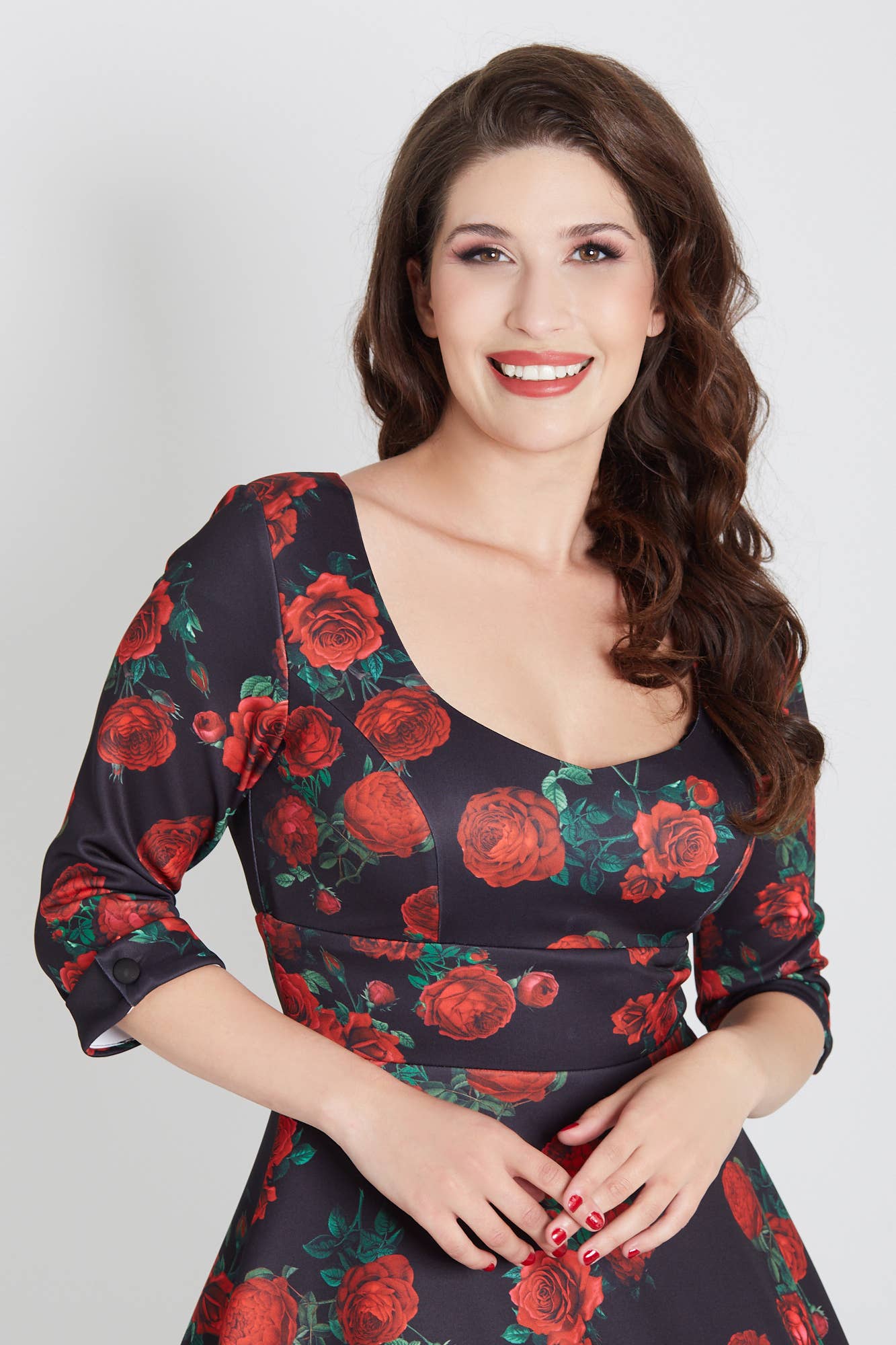 Debra Long Sleeves Stretchy Dress Black Red Rose Print