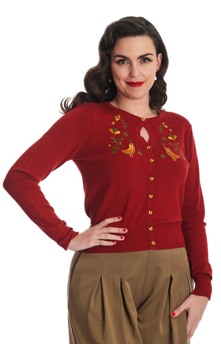 Birdy Embroidered Cardigan Brick Red