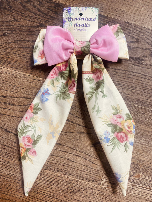 “Alice” Bow Hair Barrette in Vintage floral fabric with pink contrast