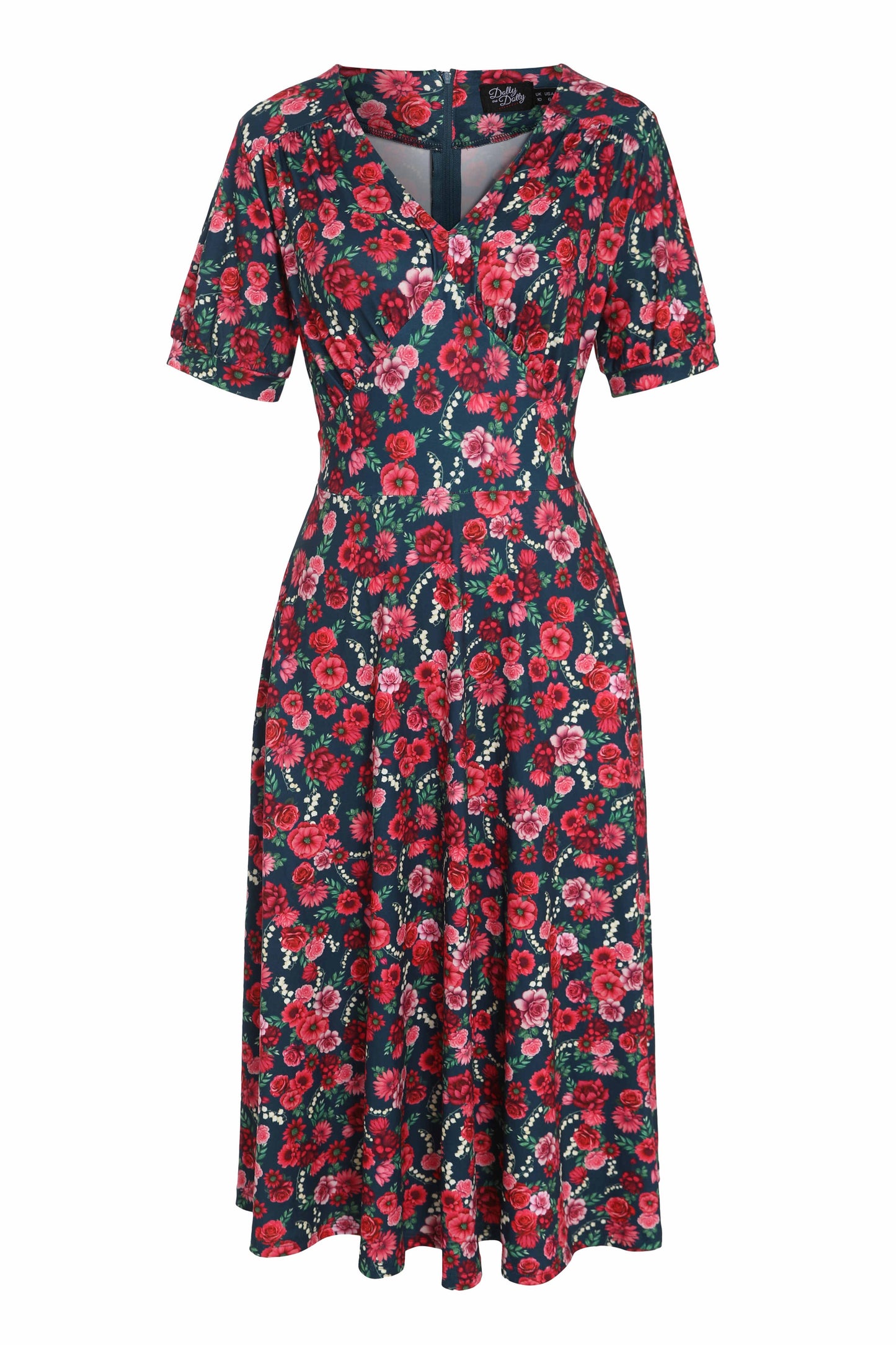 Julia Petrol Blue 50s Style Floral Print Swing Dress