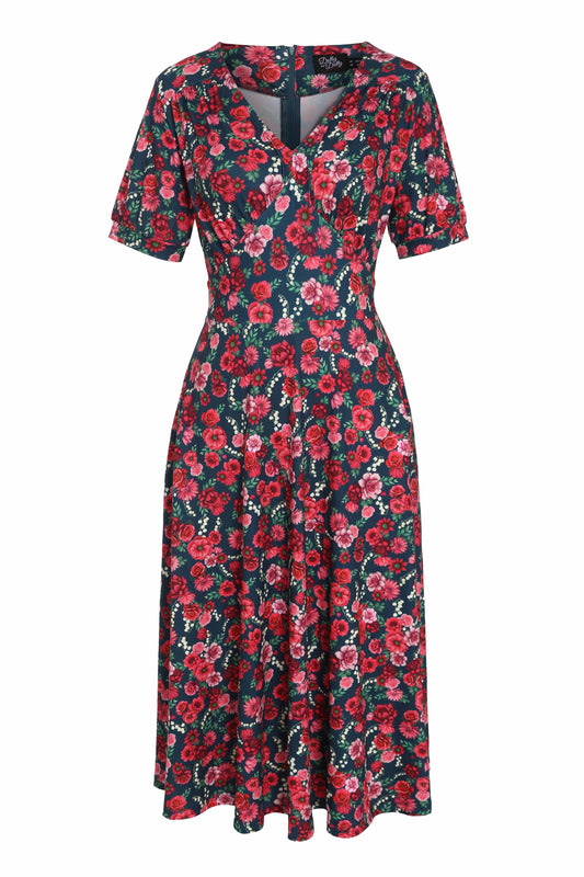 Julia Petrol Blue 50s Style Floral Print Swing Dress