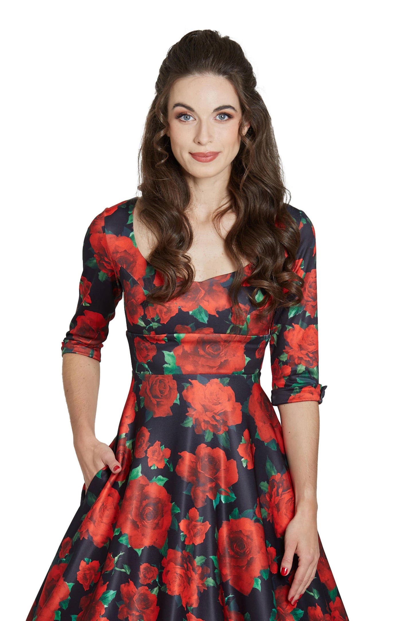 Debra Long Sleeves Stretchy Dress Black Red Rose Print