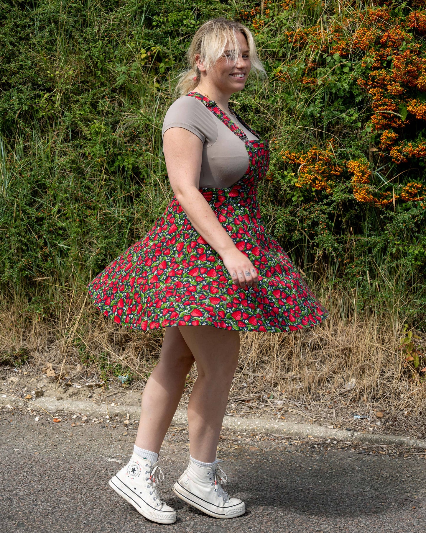 Strawberry Field Stretch Flared Pinafore dress
