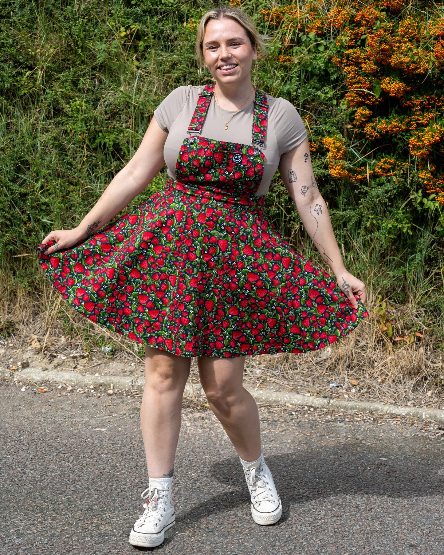 Strawberry Field Stretch Flared Pinafore dress