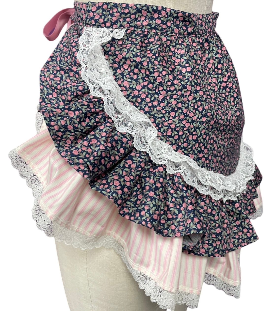 Tie-on Ruffle Bustle in Navy ditsy floral & Pink candy stripes & trimmed with vintage Lace