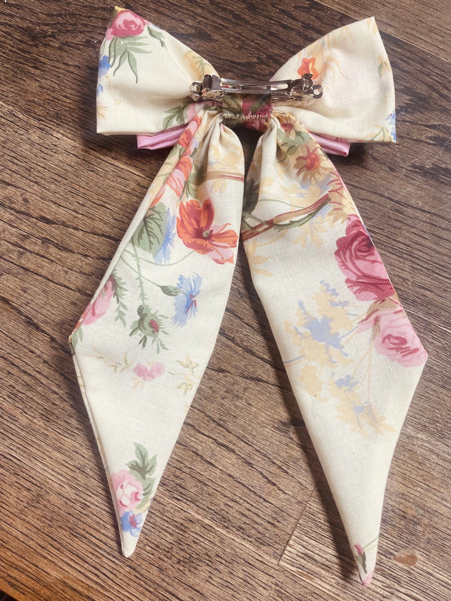 “Alice” Bow Hair Barrette in Vintage floral fabric with pink contrast