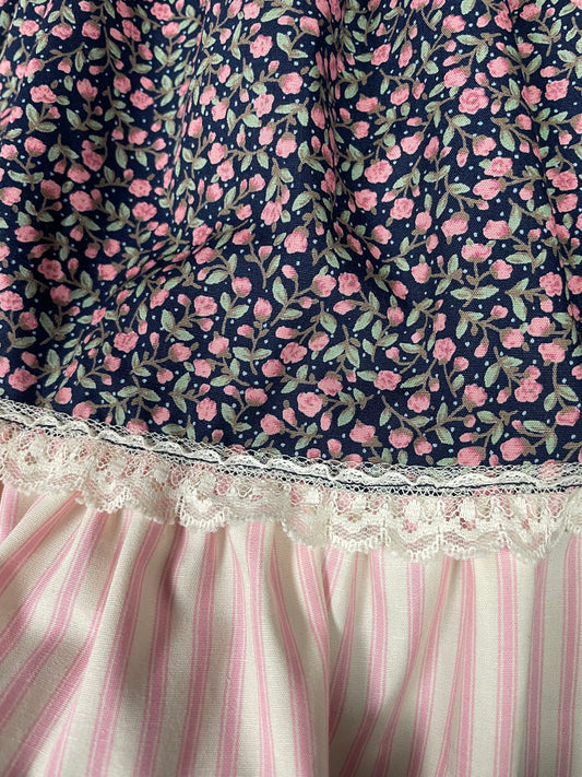 Tiered elasticated Skirt in Navy ditsy floral & Pink candy stripes, trimmed with vintage Lace