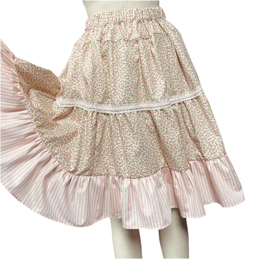 Tiered elasticated Skirt in Cream and Pink ditsy floral & Pink candy stripes, trimmed with vintage Lace