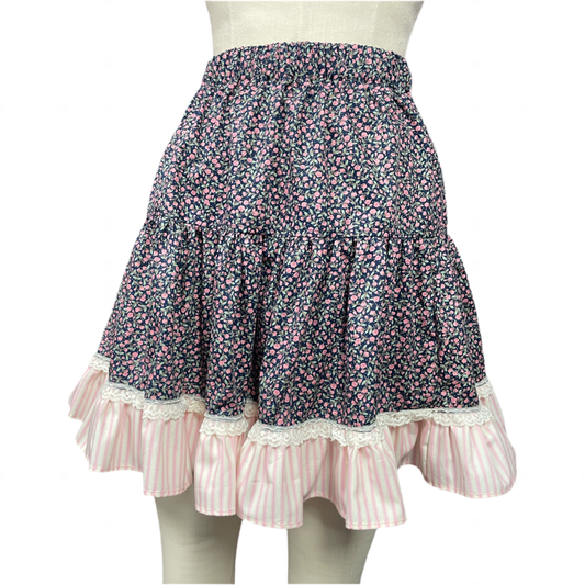 Tiered elasticated Skirt in Navy ditsy floral & Pink candy stripes, trimmed with vintage Lace