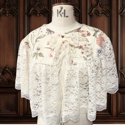 Botanical Capelet with Repurposed Fabrics & vintage Lace