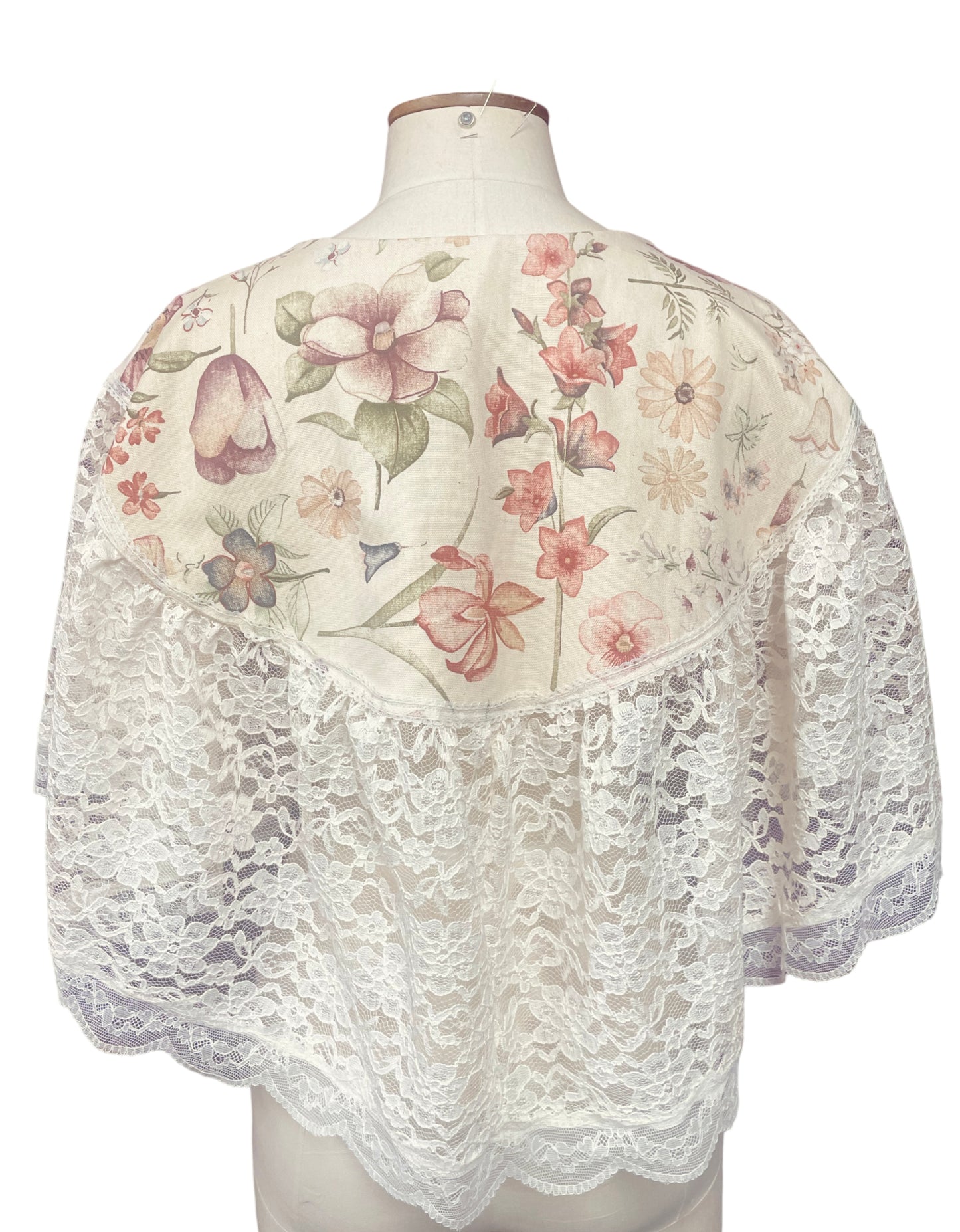 Botanical Capelet with Repurposed Fabrics & vintage Lace