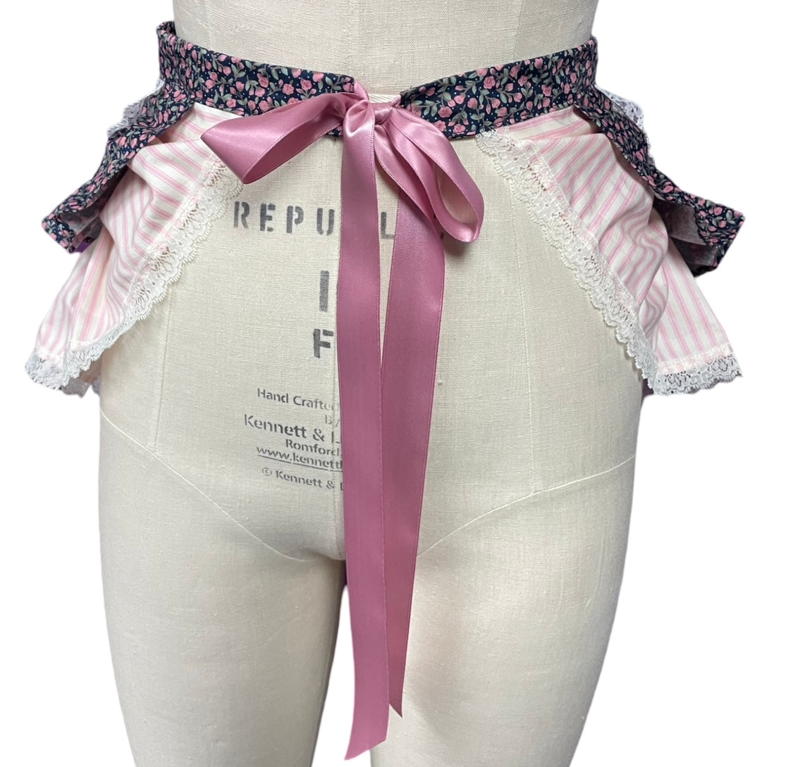 Tie-on Ruffle Bustle in Navy ditsy floral & Pink candy stripes & trimmed with vintage Lace