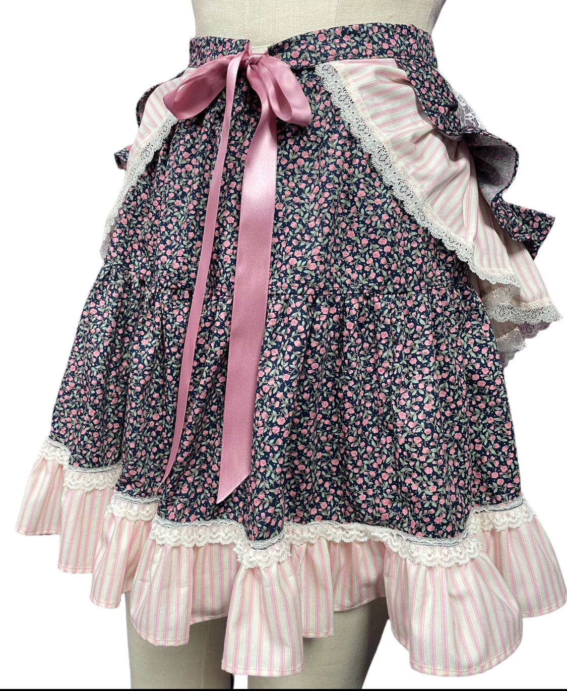 Tie-on Ruffle Bustle in Navy ditsy floral & Pink candy stripes & trimmed with vintage Lace