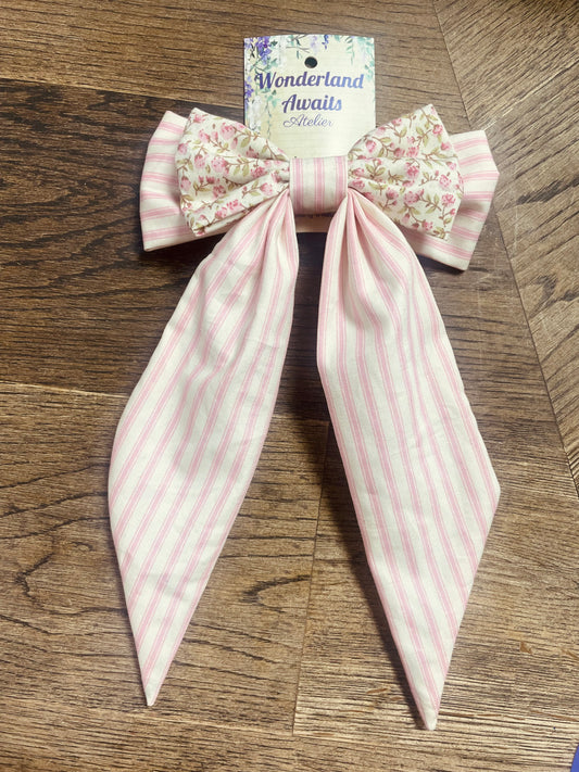 “Alice” Bow Hair Barrette in Pink Candy Stripes and Ditsy floral.