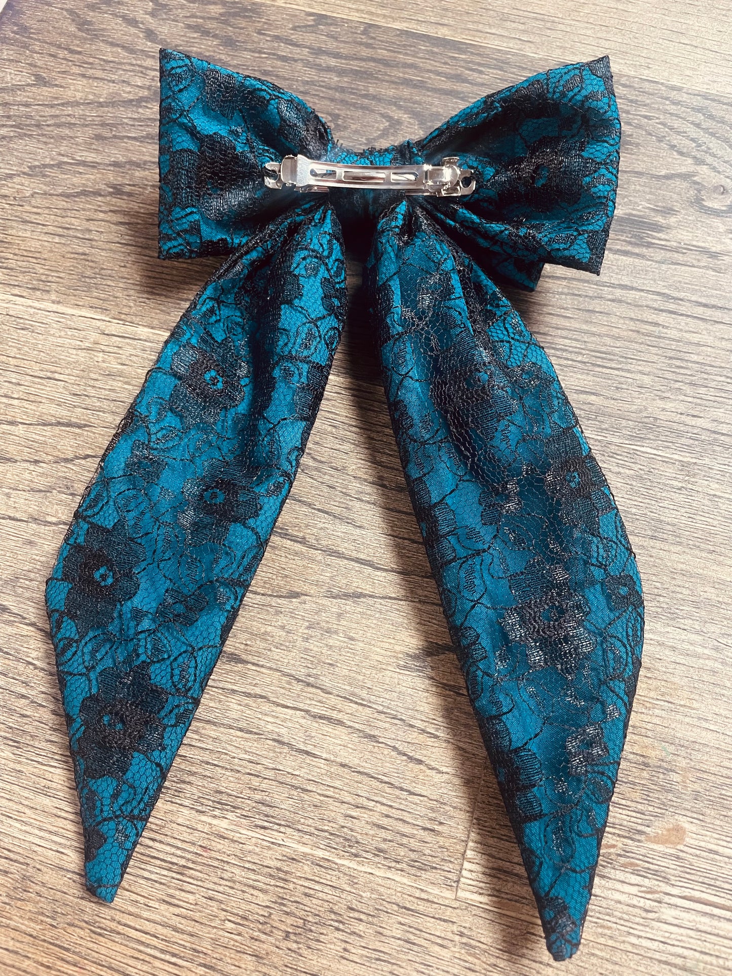 “Alice” Bow Hair Barrette in Teal with black lace