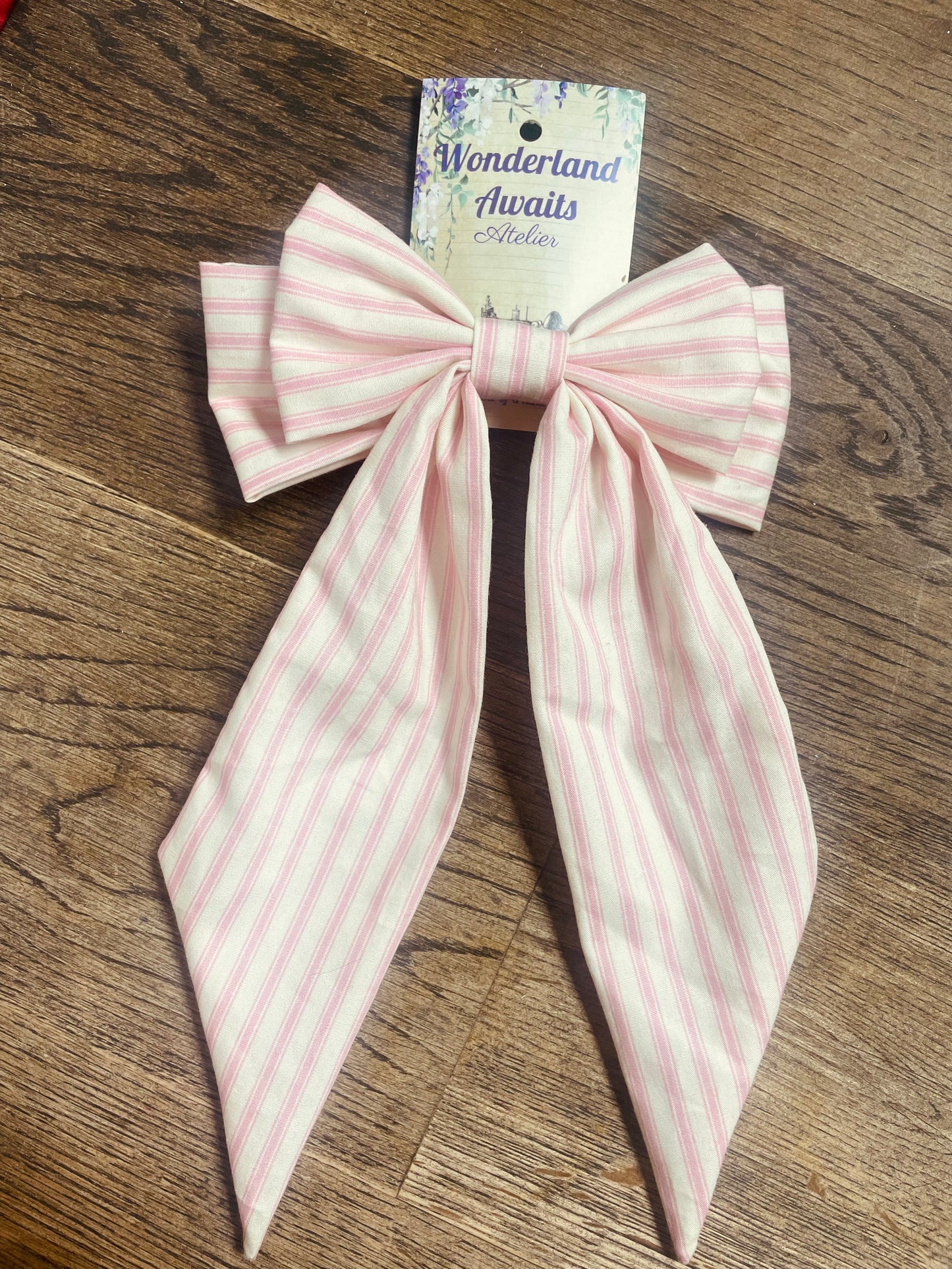 “Alice” Bow Hair Barrette in Pink Candy Stripes