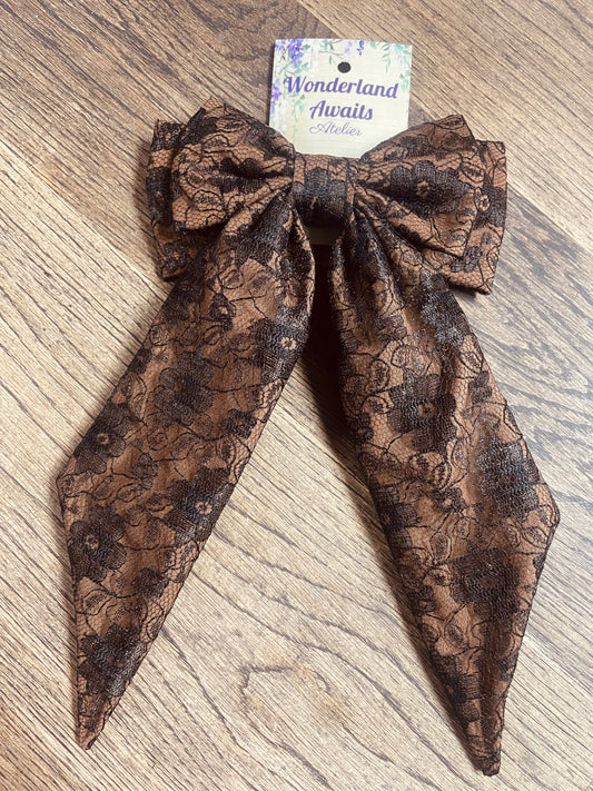 “Alice” Bow Hair Barrette in Brown with black lace