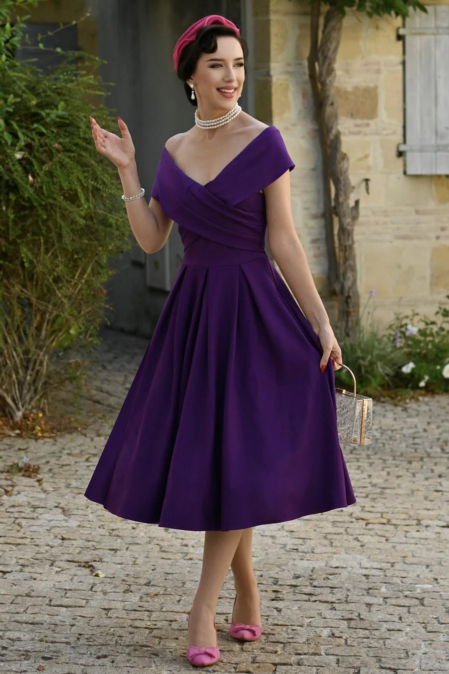 Beverly Purple Cross-Over-Off-Shoulder Midi Dress