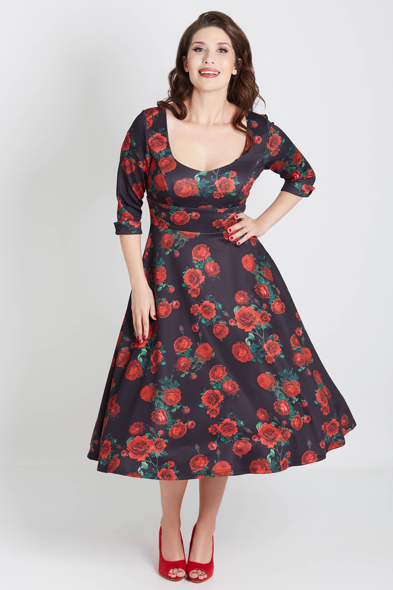 Debra Long Sleeves Stretchy Dress Black Red Rose Print
