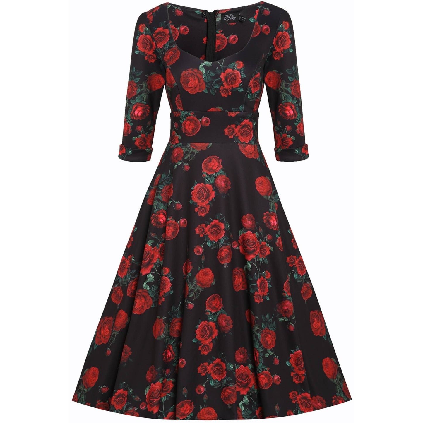 Debra Long Sleeves Stretchy Dress Black Red Rose Print