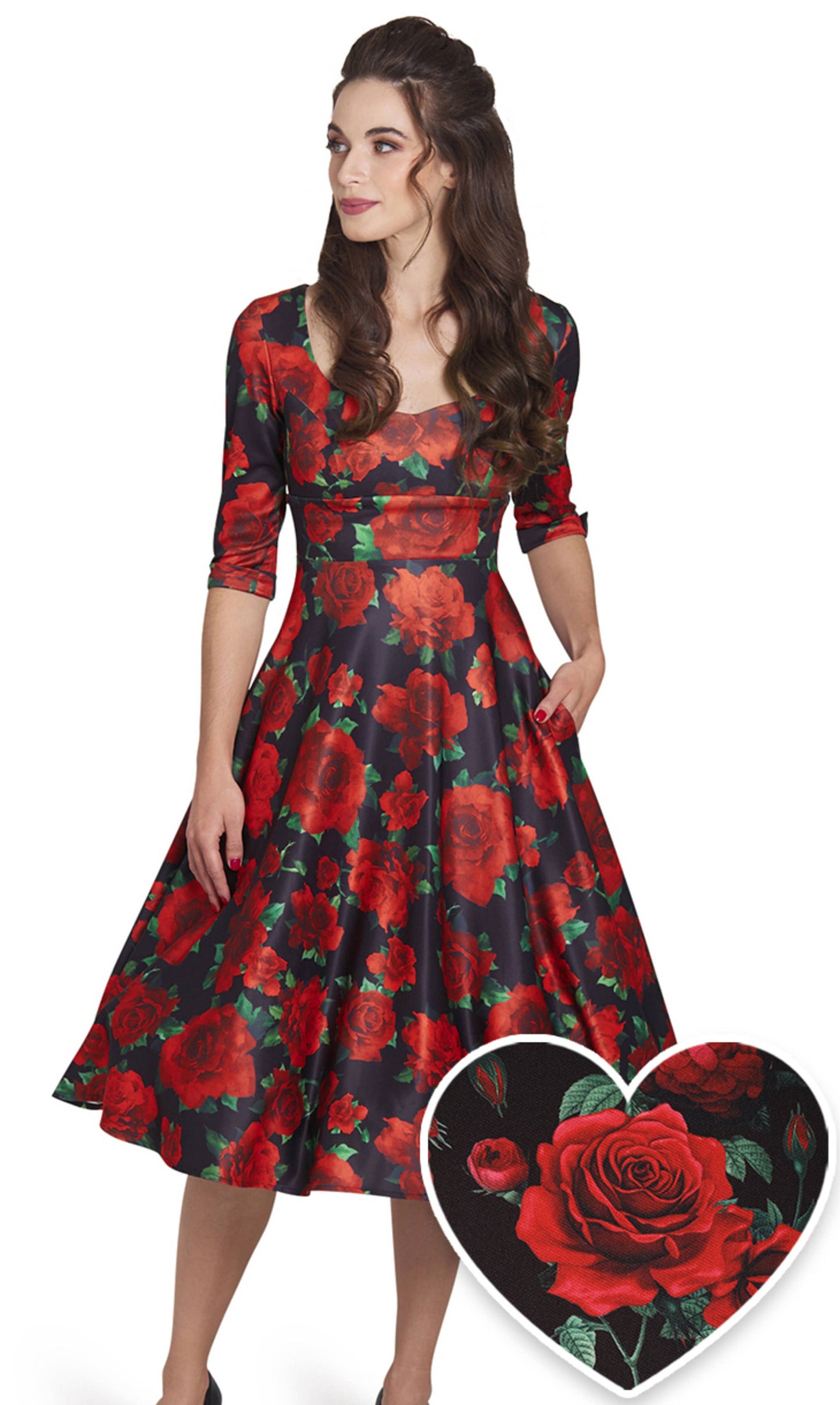 Debra Long Sleeves Stretchy Dress Black Red Rose Print