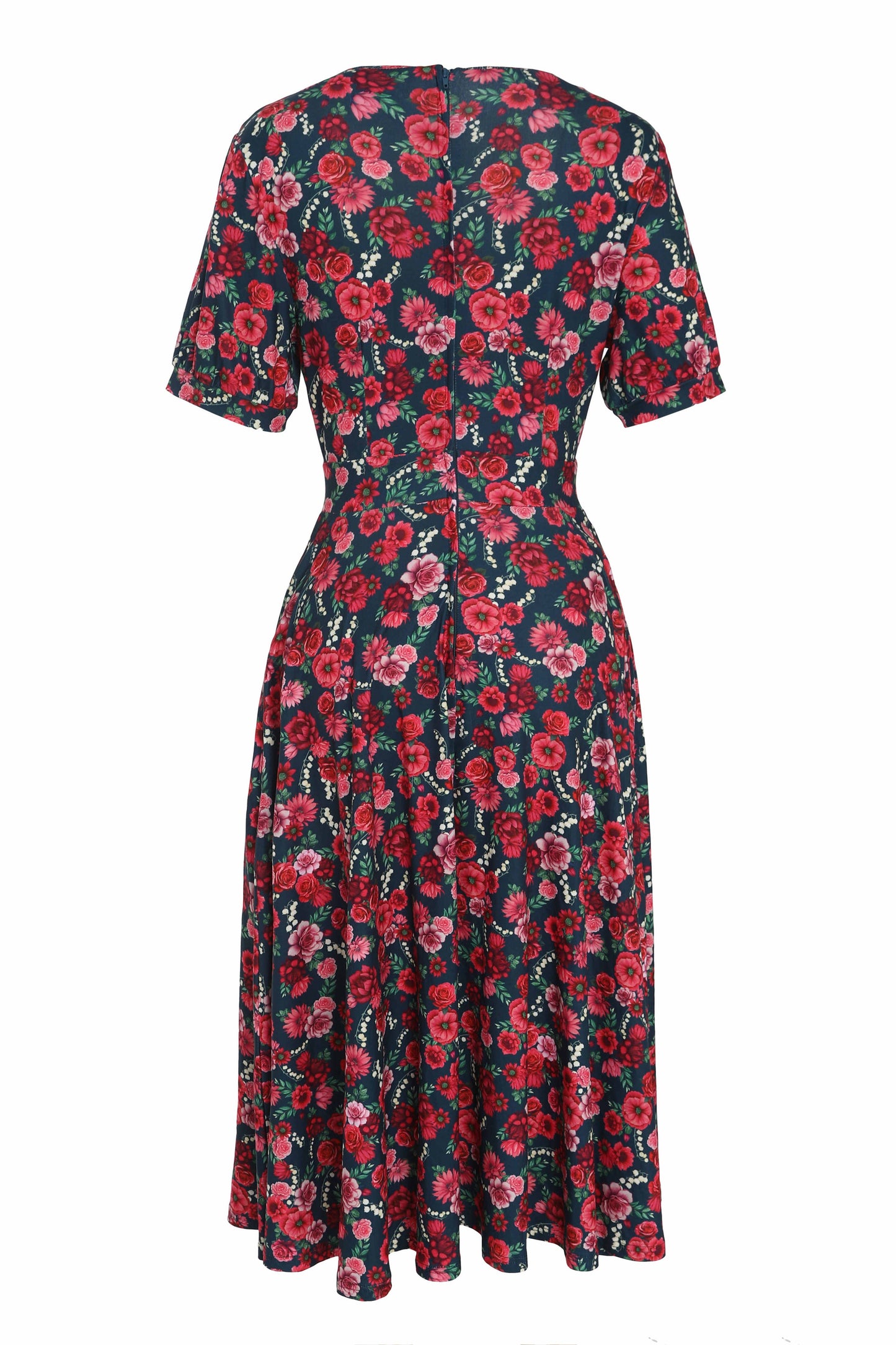 Julia Petrol Blue 50s Style Floral Print Swing Dress