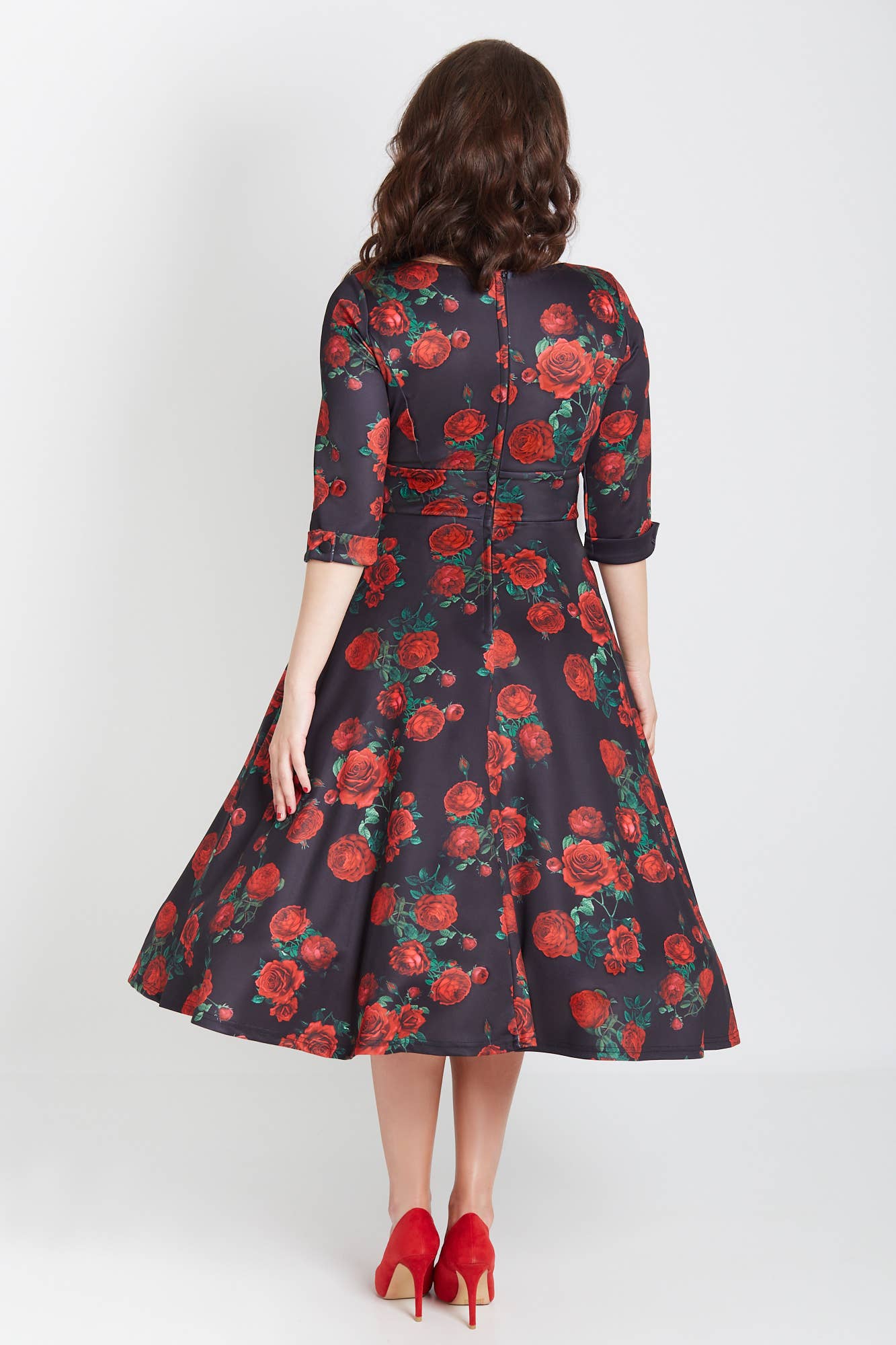 Debra Long Sleeves Stretchy Dress Black Red Rose Print