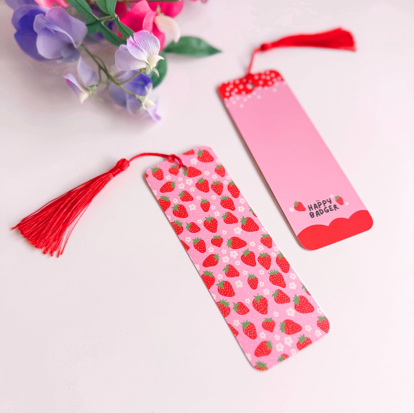 Strawberry Print Bookmark | Pink & Red Bookmark with Tassel