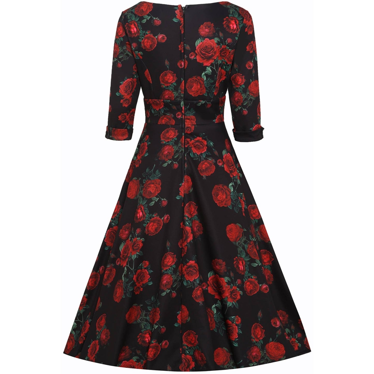 Debra Long Sleeves Stretchy Dress Black Red Rose Print