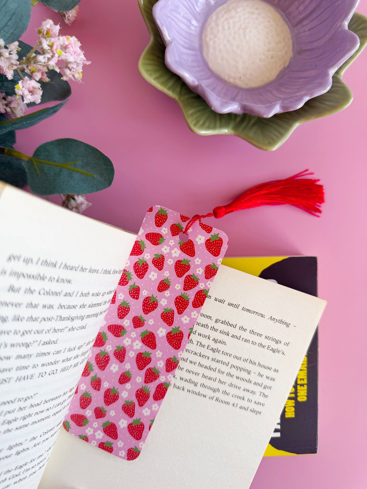 Strawberry Print Bookmark | Pink & Red Bookmark with Tassel