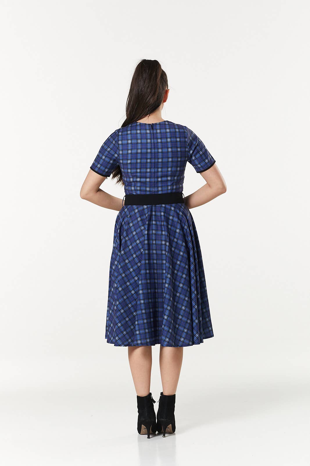 Dolly Midi Blue and Black Check Swing Dress wt short Sleeves