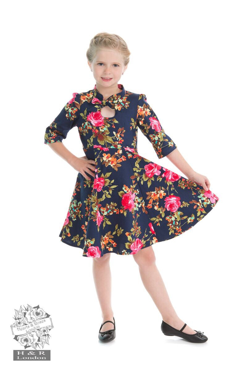 Children’s Dark Navy Floral keyhole dress