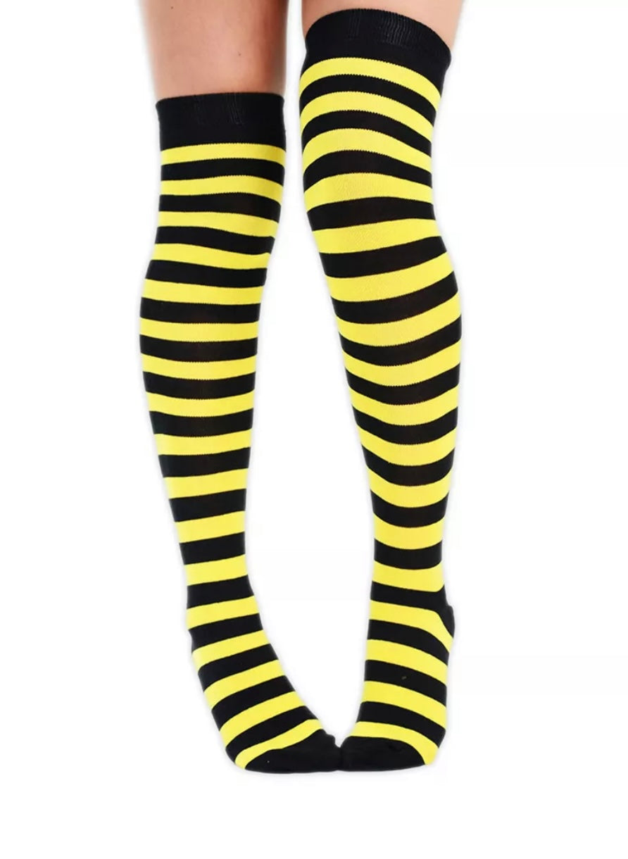 Over Knee black and Yellow Striped Socks